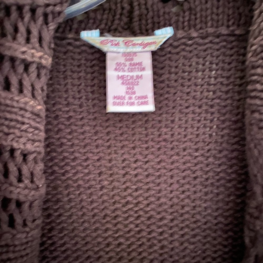 Vintage Pink Cardigan Brown Shawl Collar Crochet Cardigan - Picture 3 of 4